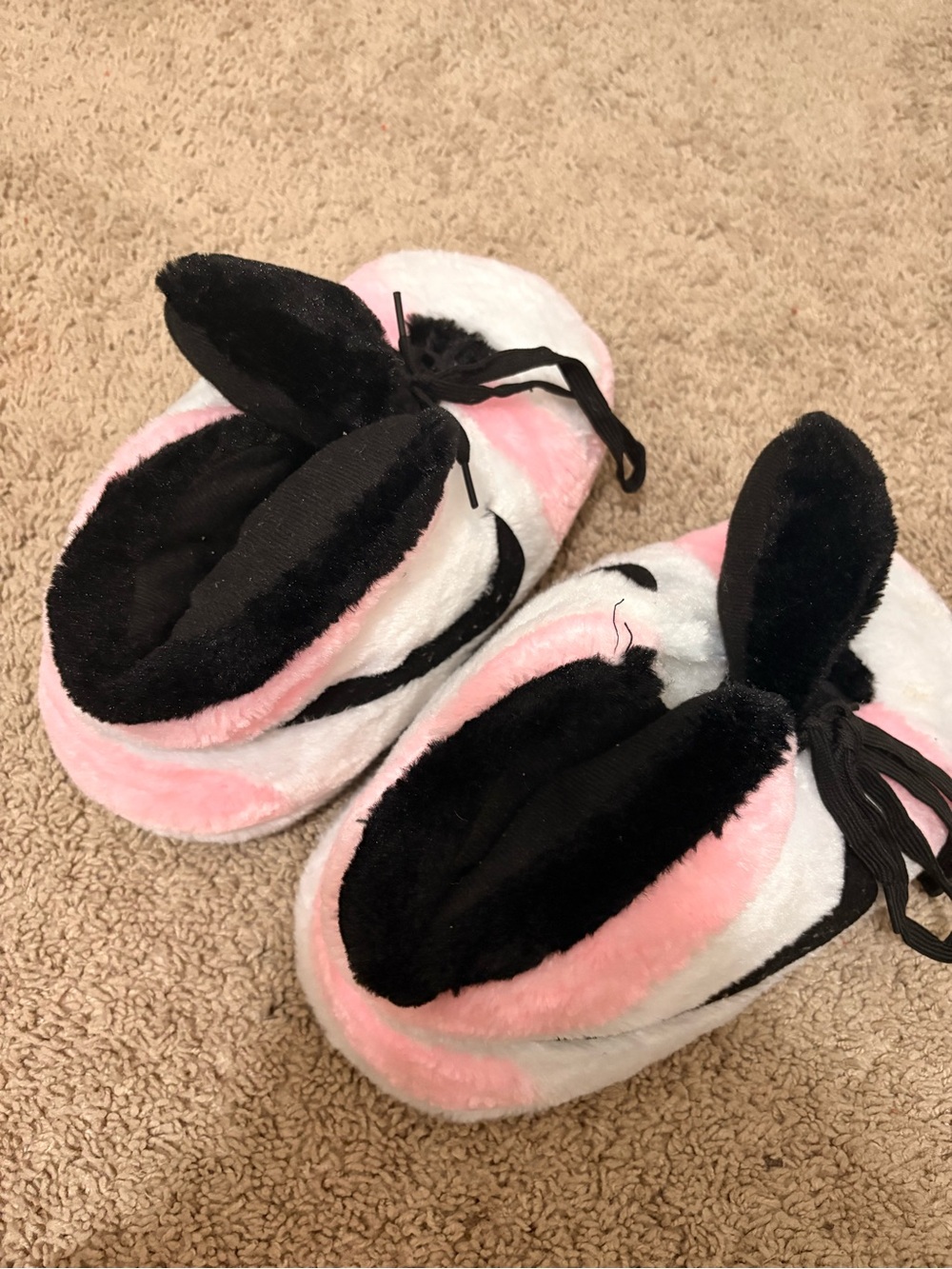 Pink and White Plush Bunny Slippers with Black Ears
